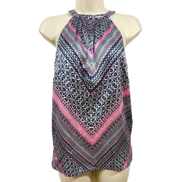 The Limited Mock Neck Tank Blouse Satin Feel Geometric Pink Navy White Size XS - Picture 1 of 12